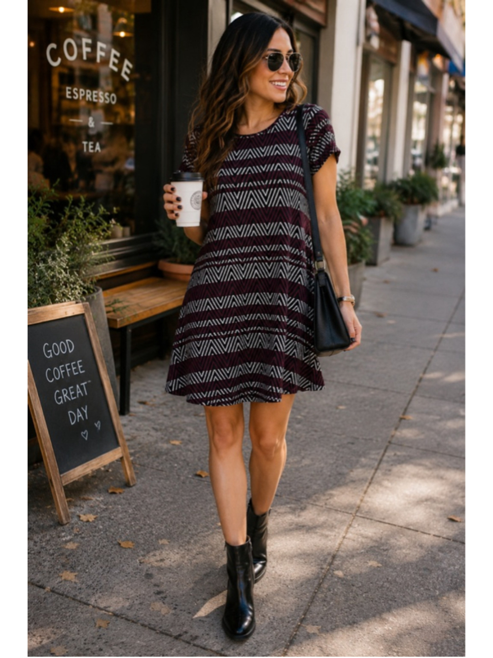 Zara Trafaluc Burgundy Black Chevron Geometric Swing Dress Women’s Large